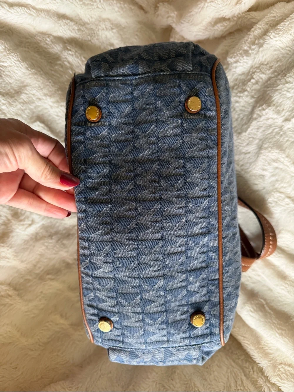 Like New! Michael Kors Denim MK Logo Shoulder Bag with Brown Leather Trim